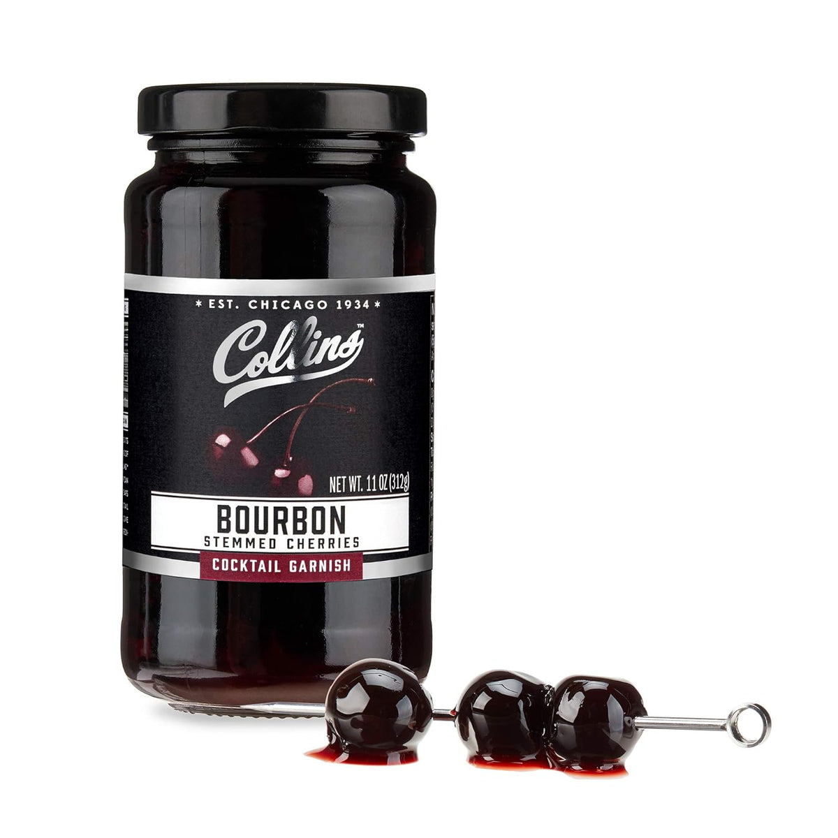 Collins Bourbon Cocktail Cherries - Drinks Garnish for Manhattan or Old Fashioned Cocktails and Desserts, Made with Award Winning Whiskey, 11 Ounce Glass Jar