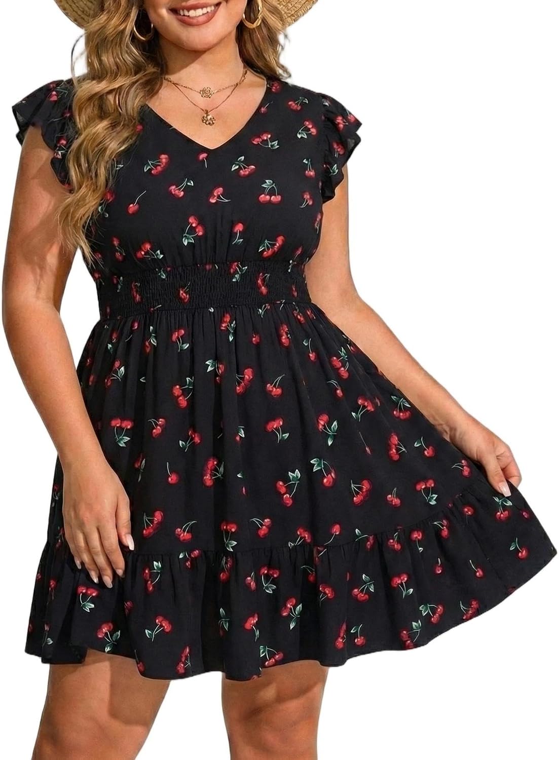 Talisea Womens Plus Size V Neck Ruffle Sleeve Flowy Summer Dress