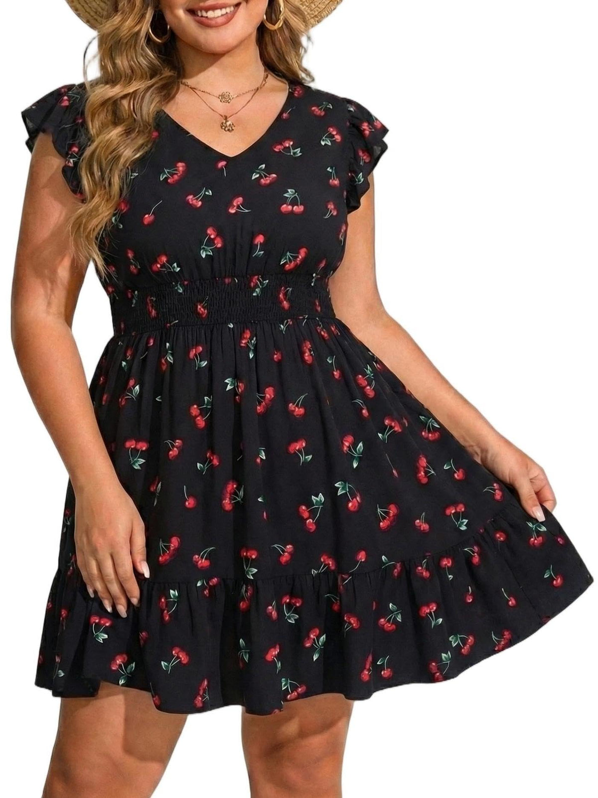 Talisea Womens Plus Size V Neck Ruffle Sleeve Flowy Summer Dress