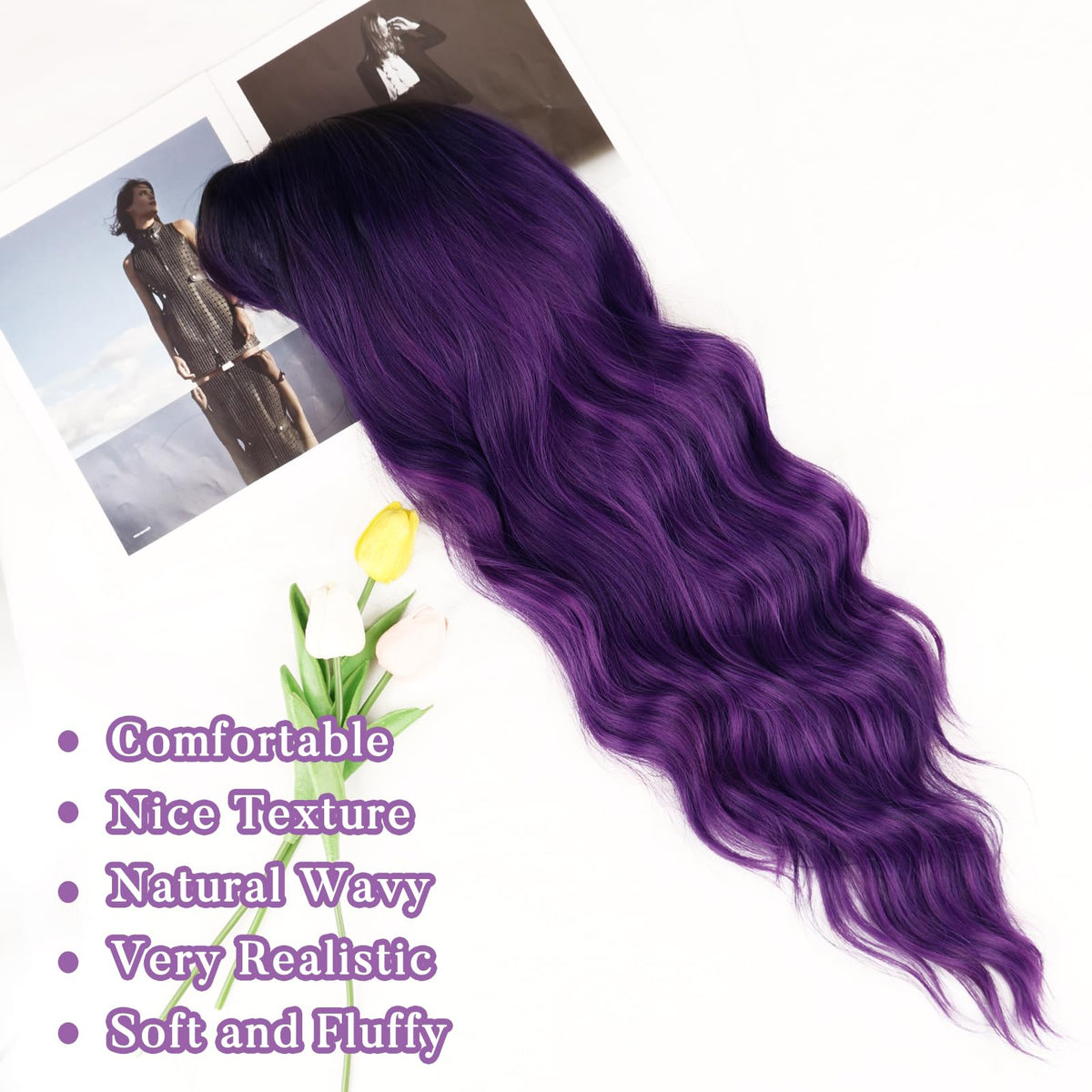 NAYOO Ice Blue Wig for Women, 26 Inch Middle Part Wavy Synthetic Wig