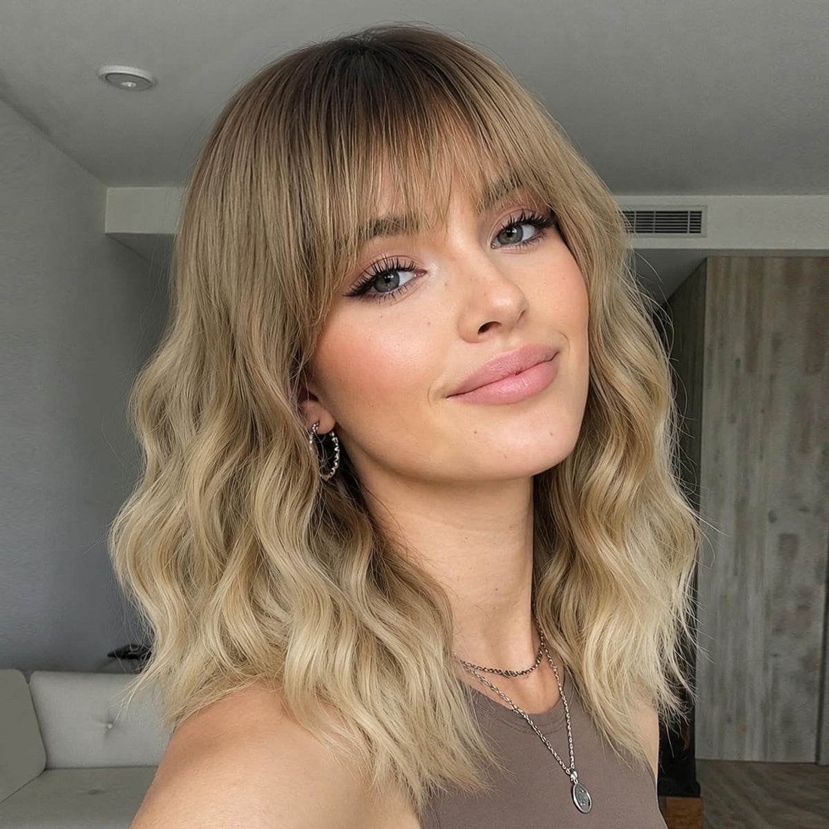 Nnzes Short Wavy Bob Wig with Bangs for Women Shoulder Length Curly Dark Brown with Purple Synthetic Heat-Resistant Fiber Hair for Daily & Party Use