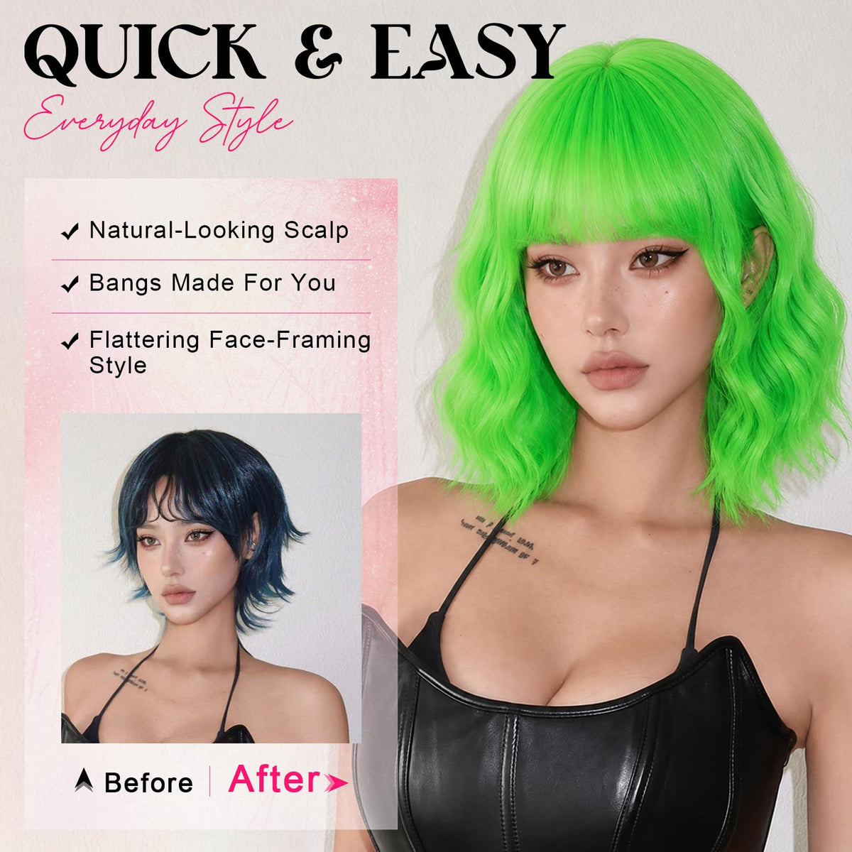 NOSTALGIA Wigs for Women, Short Wavy Bob Wig with Bangs, Trimmable Bangs, Shoulder Length, Black To Brown Heat Resistant Synthetic Wig for Daily Party Use, 14 Inch