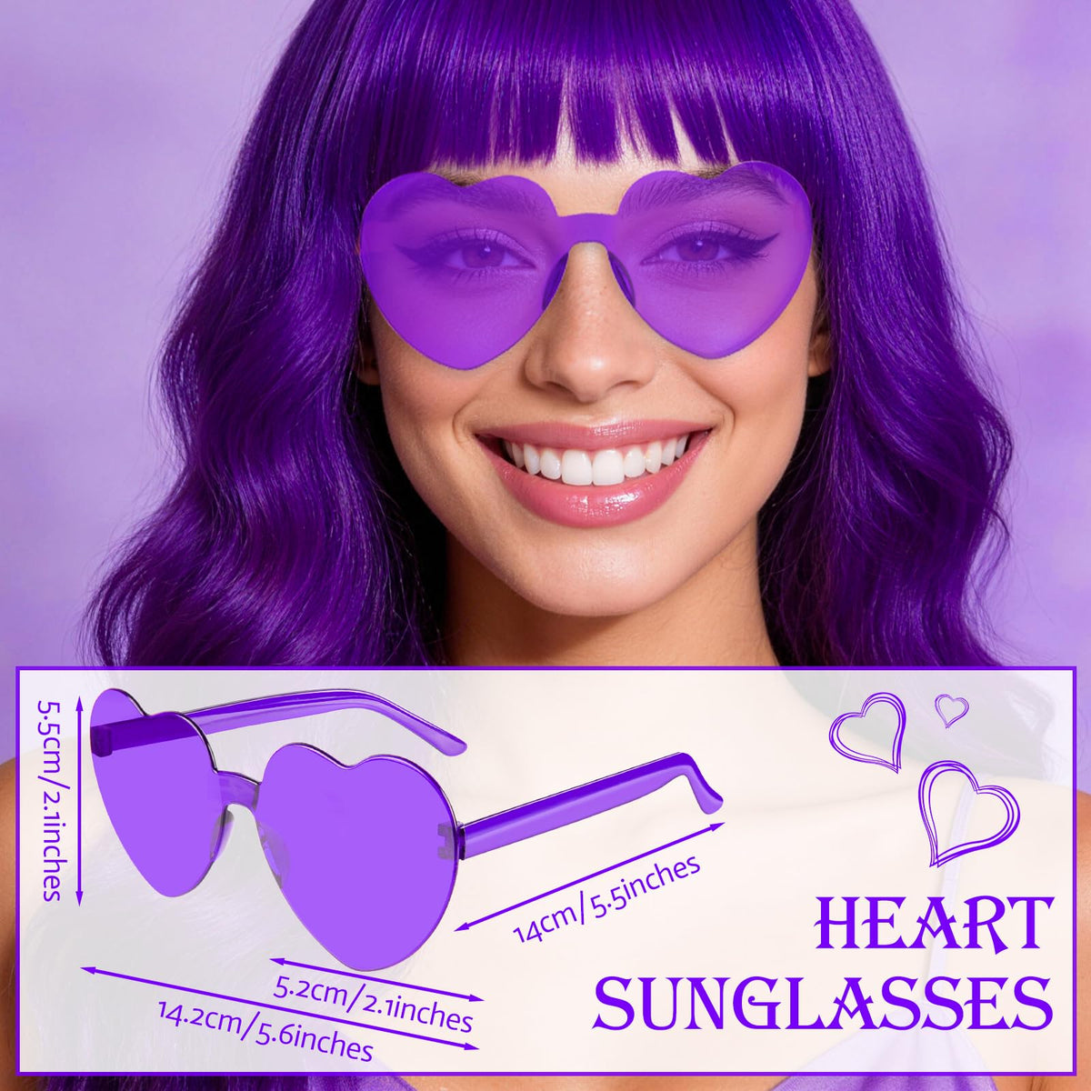 Purple Wig for Women Long Wavy Hair with Heart Sunglasses, Colorful Curly Wigs with Bangs for Birthday Nightclubs Music Festival Photography Funny Bachelorette Mardi Gras Party Supplies