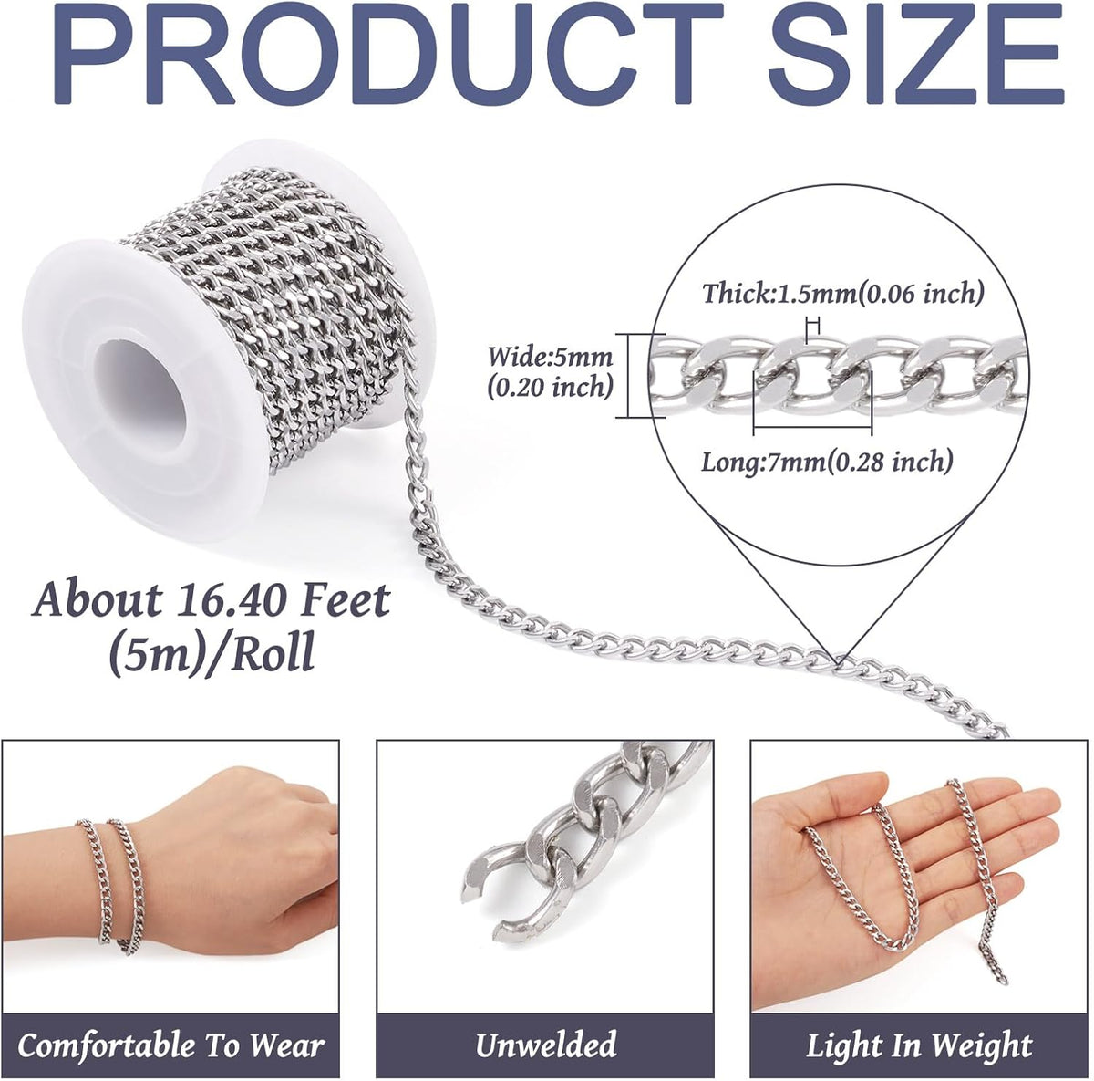 Beadthoven 16.4ft Aluminum Curb Chains, Silver Color Chains for Jewelry Making 5mm Wide Metal Craft Chain Link Spool Twisted Links Oval Curb Chains Unwelded for Clothes Necklace Bracelet DIY Findings