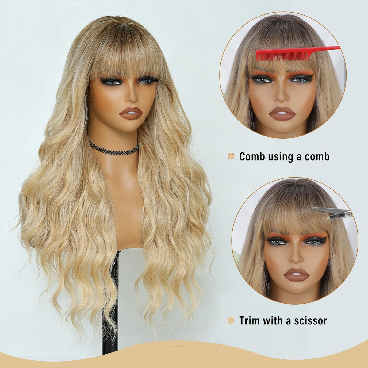 Burgundy Wig with Bangs for Women, Long Wavy Red Wig 26 Inch Wigs Heat Resistant Sythetic Wig for Daily Party Use