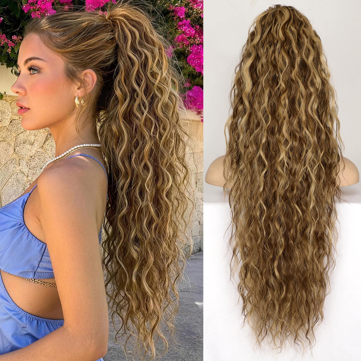 KooKaStyle Long Medium Brown Curly Synthetic Drawstring Ponytail Extension