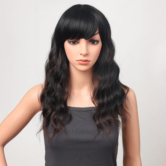 18 Inch Wavy Wig with Bangs – Black With Brown Highlights Heat Resistant Synthetic Hair, Soft Silky & Natural Looking for Women
