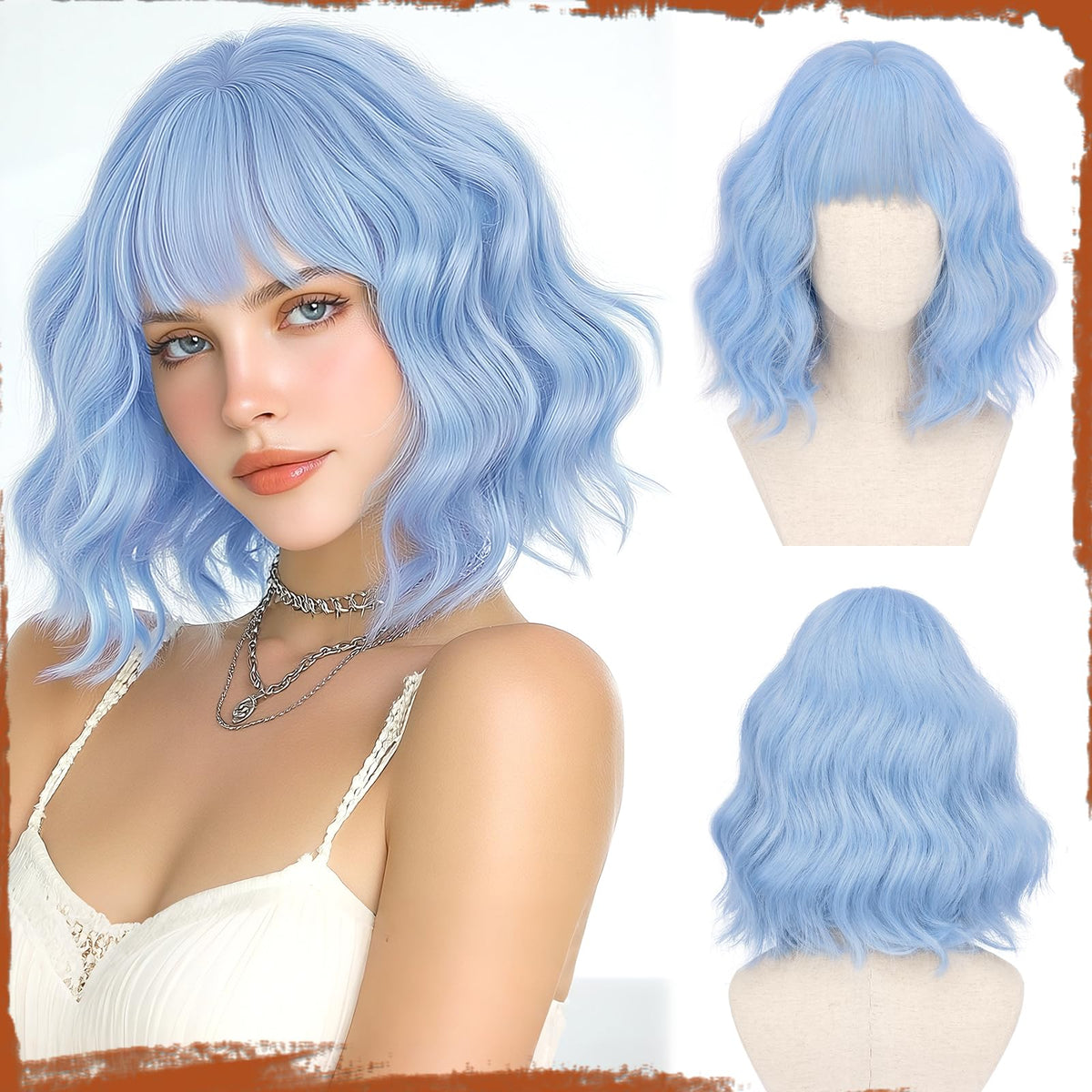 SOFEIYAN Short Wavy Violet Blue Wig - 12 Inch Dark Ginger Bob Wig with Bangs for Women Curly Shoulder Length Bob Wig with Bangs Soft Synthetic Hair Wigs for Girls Daily Party Use