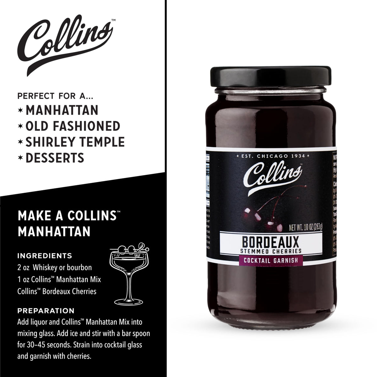 Collins Bourbon Cocktail Cherries - Drinks Garnish for Manhattan or Old Fashioned Cocktails and Desserts, Made with Award Winning Whiskey, 11 Ounce Glass Jar