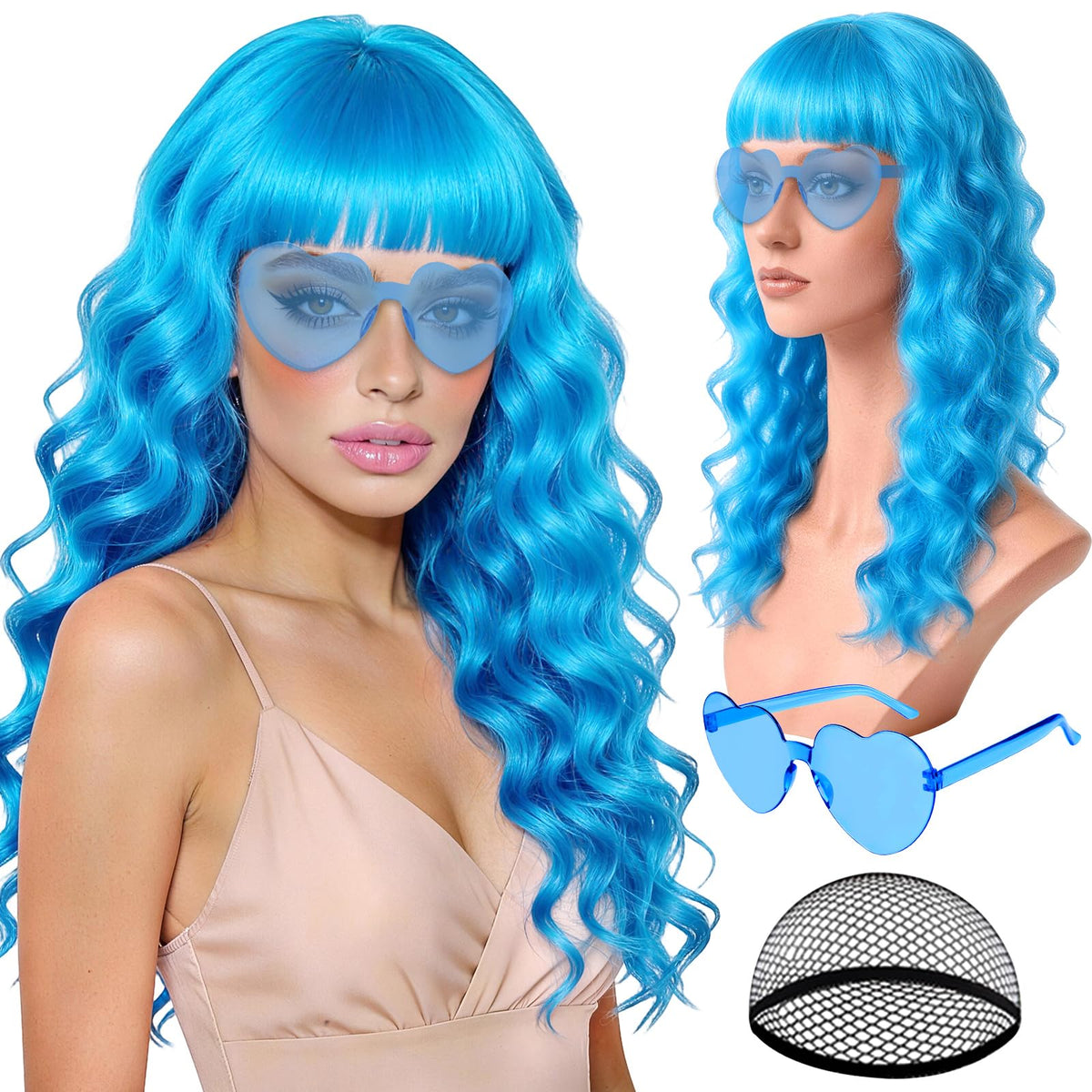 Purple Wig for Women Long Wavy Hair with Heart Sunglasses, Colorful Curly Wigs with Bangs for Birthday Nightclubs Music Festival Photography Funny Bachelorette Mardi Gras Party Supplies