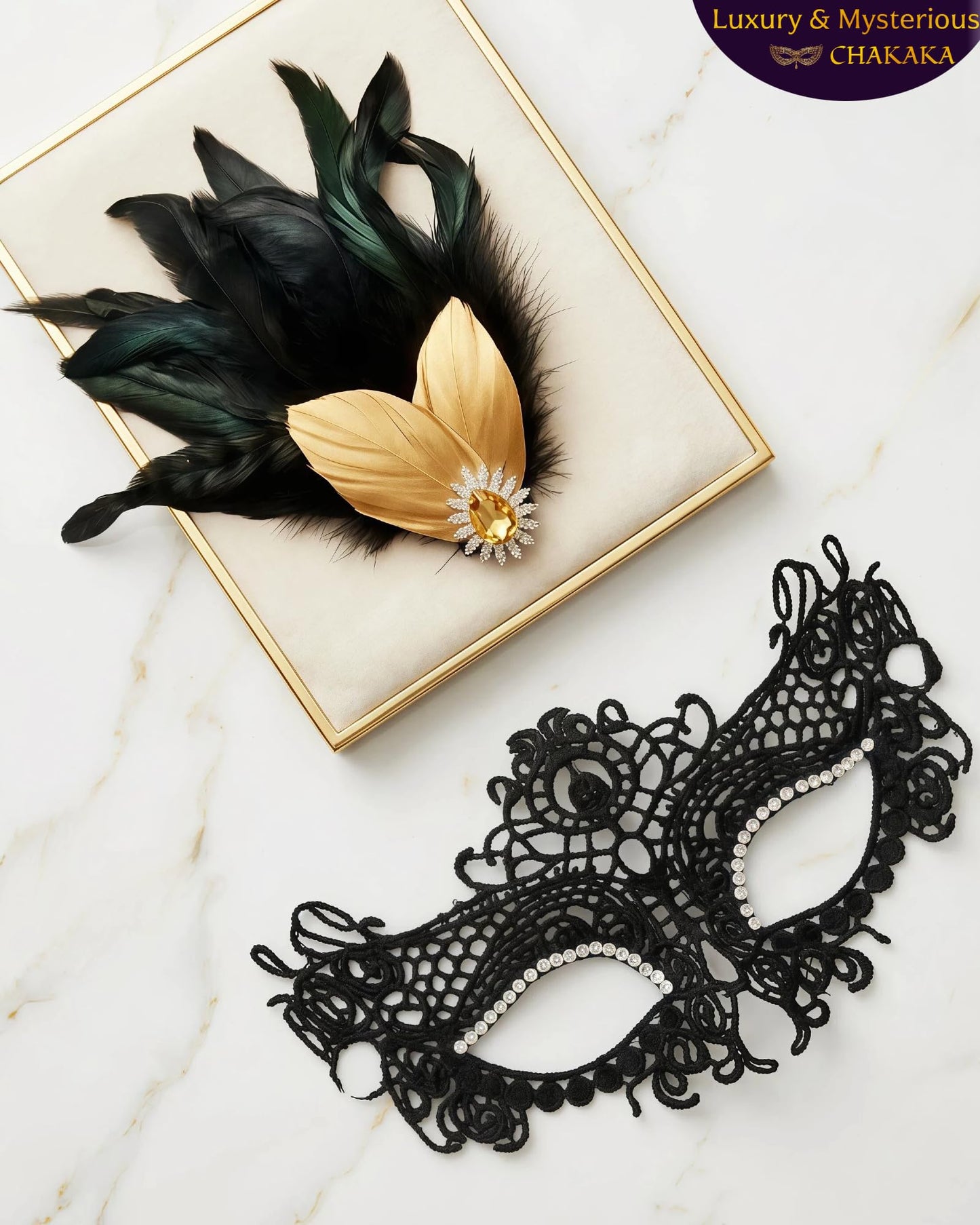 Black Lace Masquerade Mask for Women,1920s Venetian Feather Eye Mask with Gold Rhinestones for Mardi Gras Halloween