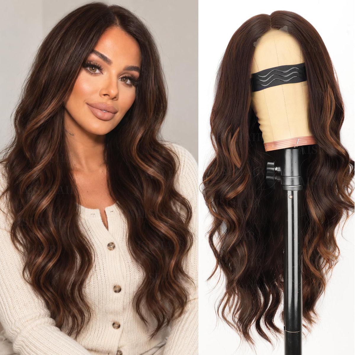 AISI HAIR Black Wig for Women, Long Wavy Lace Hairline Synthetic Wig 26Inch