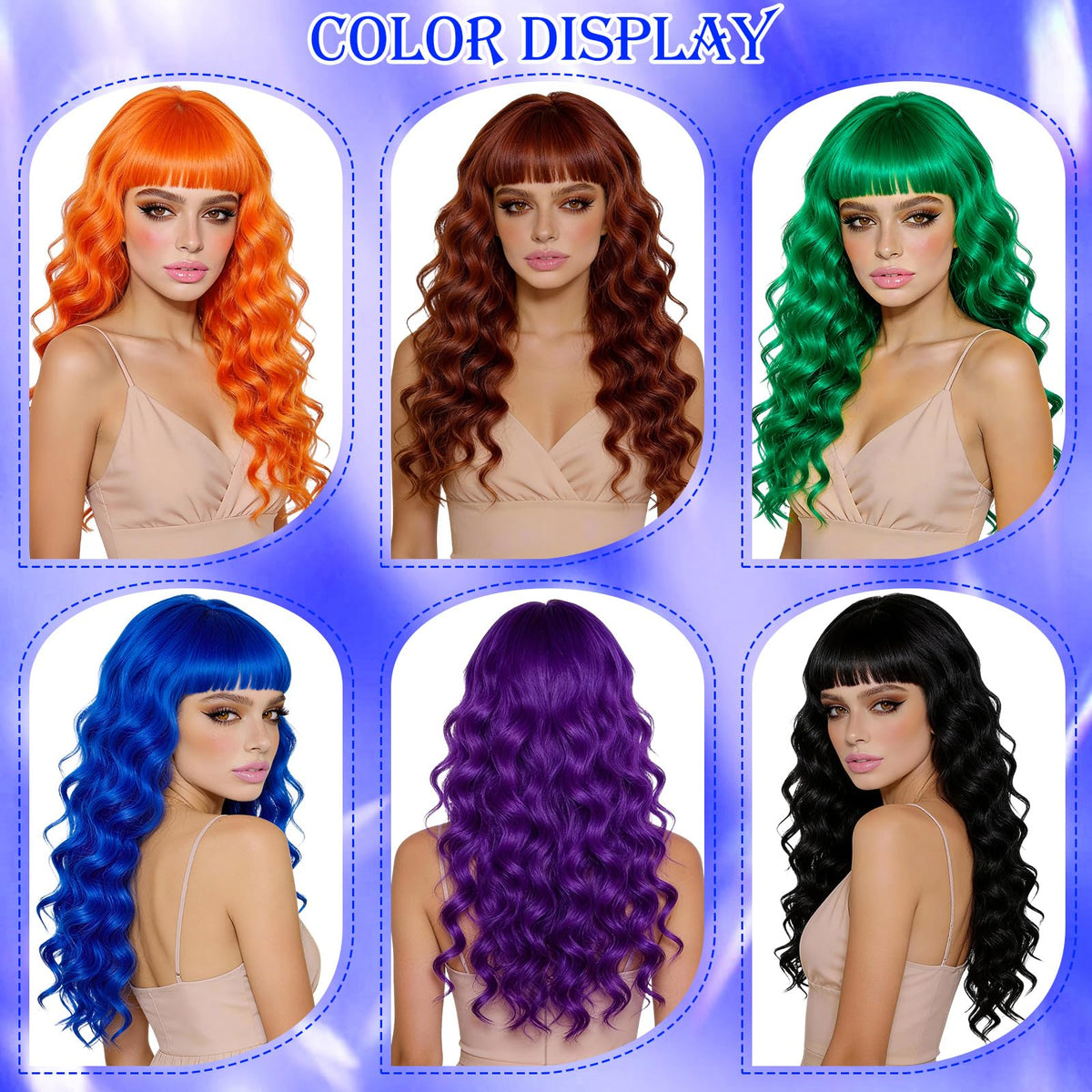 Purple Wig for Women Long Wavy Hair with Heart Sunglasses, Colorful Curly Wigs with Bangs for Birthday Nightclubs Music Festival Photography Funny Bachelorette Mardi Gras Party Supplies