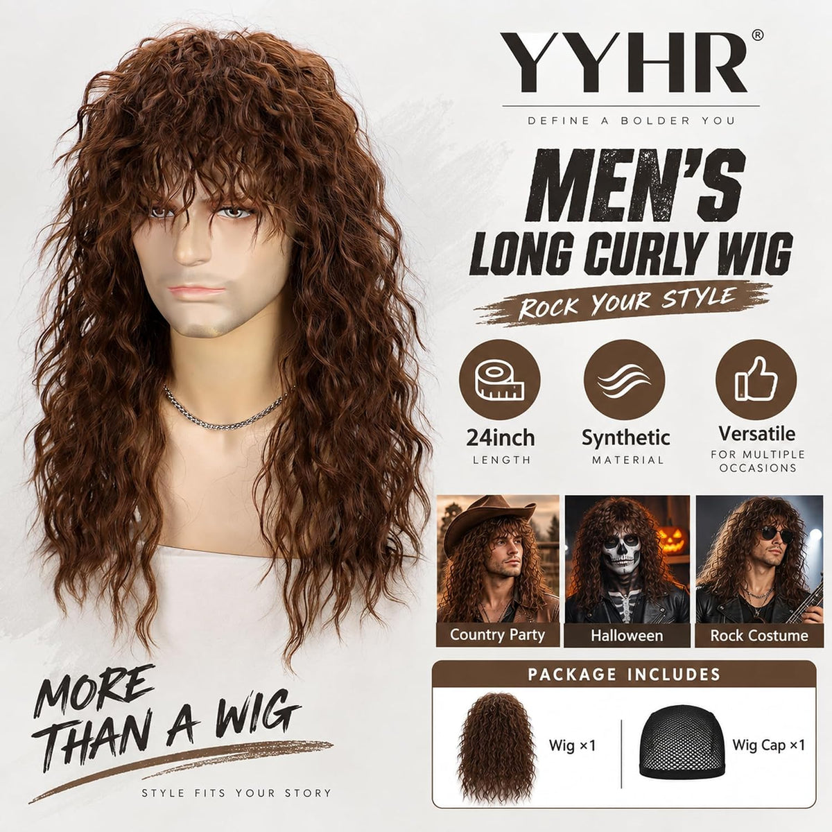 YYHR 80s Brown Wigs for Mens Mullet Rocker Costume Long Synthetic Hair Wig