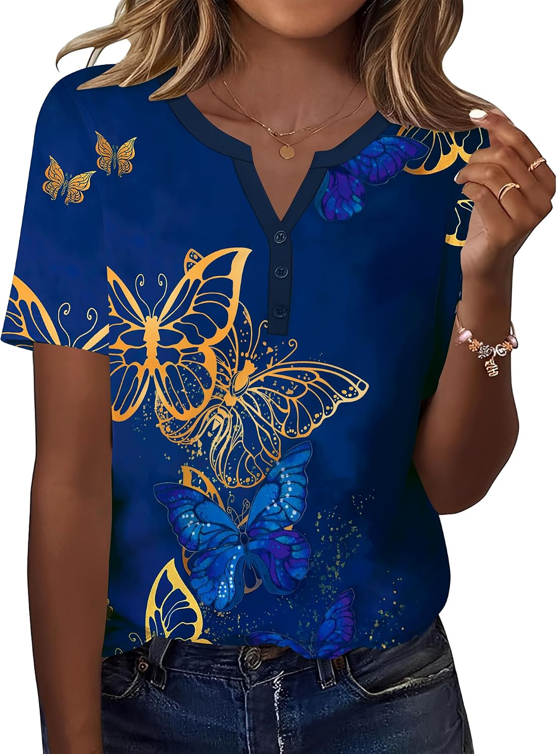 TCOT Women's Tops Dressy Casual Summer Blouses Short Sleeve Button V Neck Spring Tee Shirts