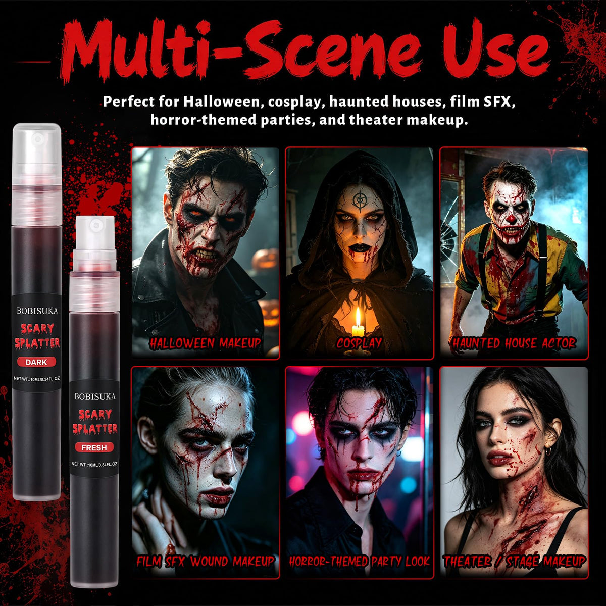 BOBISUKA Dark Fake Blood Spray– Splatter SFX Makeup Kit for Halloween, Cosplay, Zombie, Vampire, Clown, Scary Wounds, Easy Washable Formula – 0.34 fl.oz