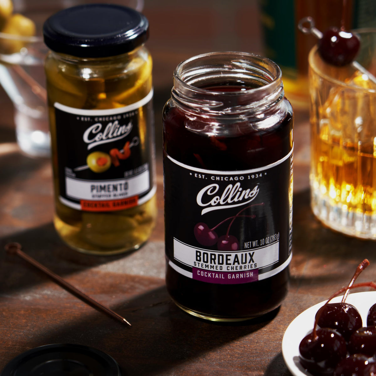 Collins Bourbon Cocktail Cherries - Drinks Garnish for Manhattan or Old Fashioned Cocktails and Desserts, Made with Award Winning Whiskey, 11 Ounce Glass Jar