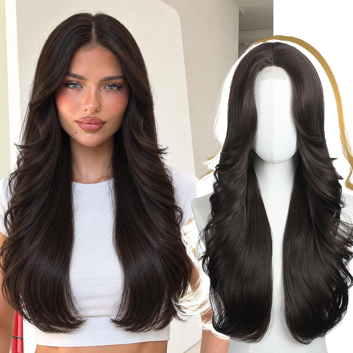 Brown Wigs for Women 26 Inch Middle Part Wavy Synthetic Wig