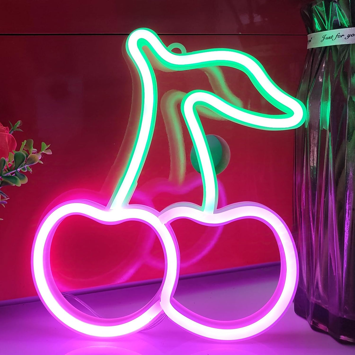 JYWJ Cherry LED Neon Signs Desktop Wall Decoration Light(Green+Pink)