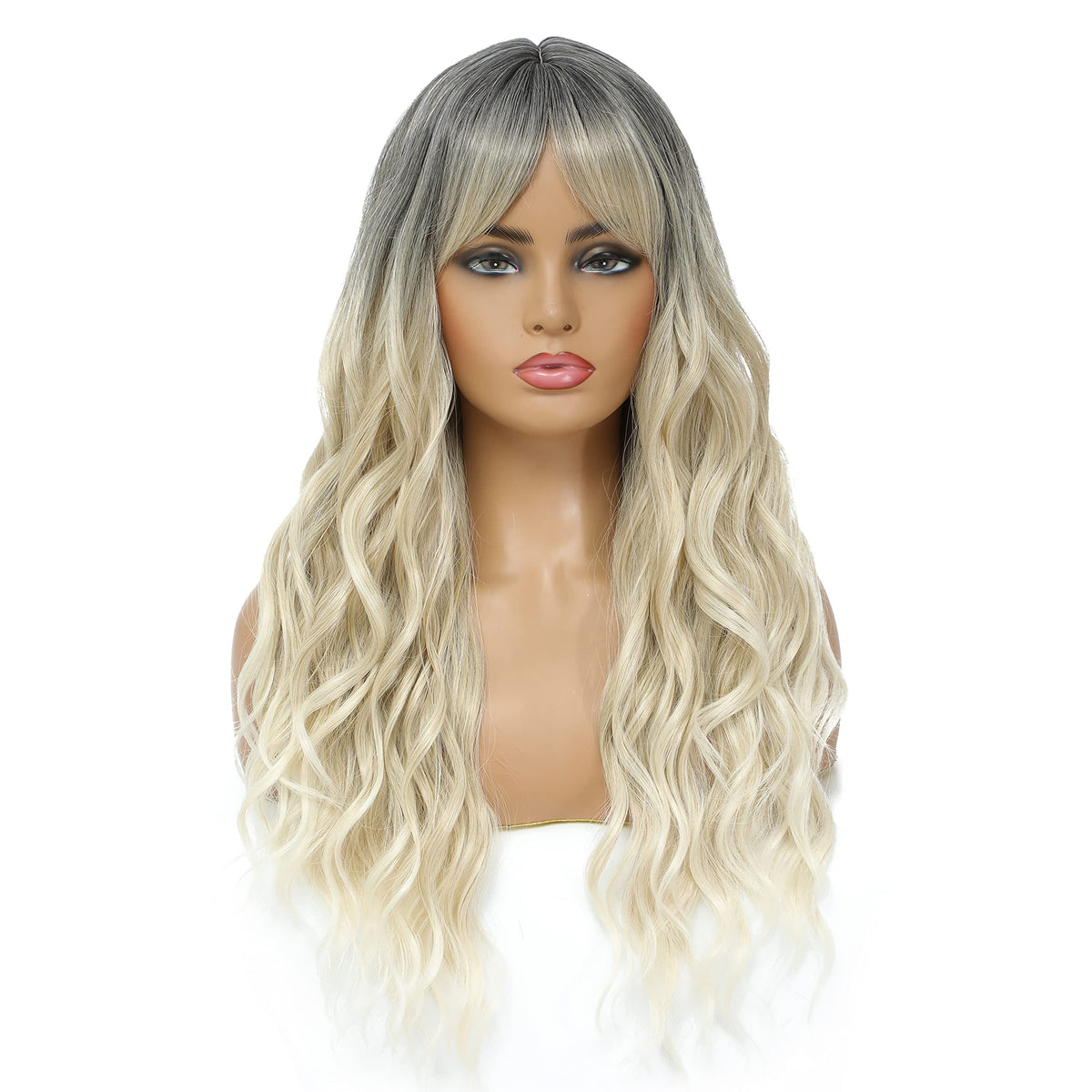 SWACC Long Curly Wavy Wig with Bangs Synthetic Hair Wig for Women with Wig Cap (Pink Ombre)