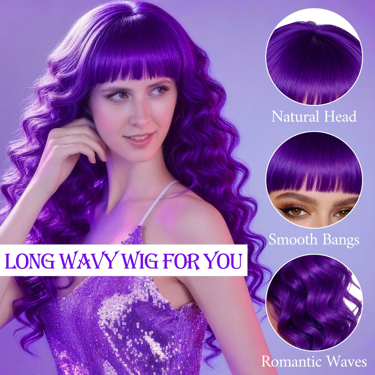 Purple Wig for Women Long Wavy Hair with Heart Sunglasses, Colorful Curly Wigs with Bangs for Birthday Nightclubs Music Festival Photography Funny Bachelorette Mardi Gras Party Supplies