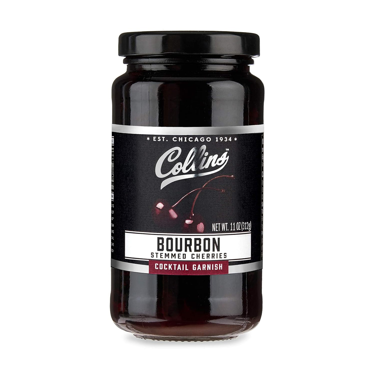 Collins Bourbon Cocktail Cherries - Drinks Garnish for Manhattan or Old Fashioned Cocktails and Desserts, Made with Award Winning Whiskey, 11 Ounce Glass Jar