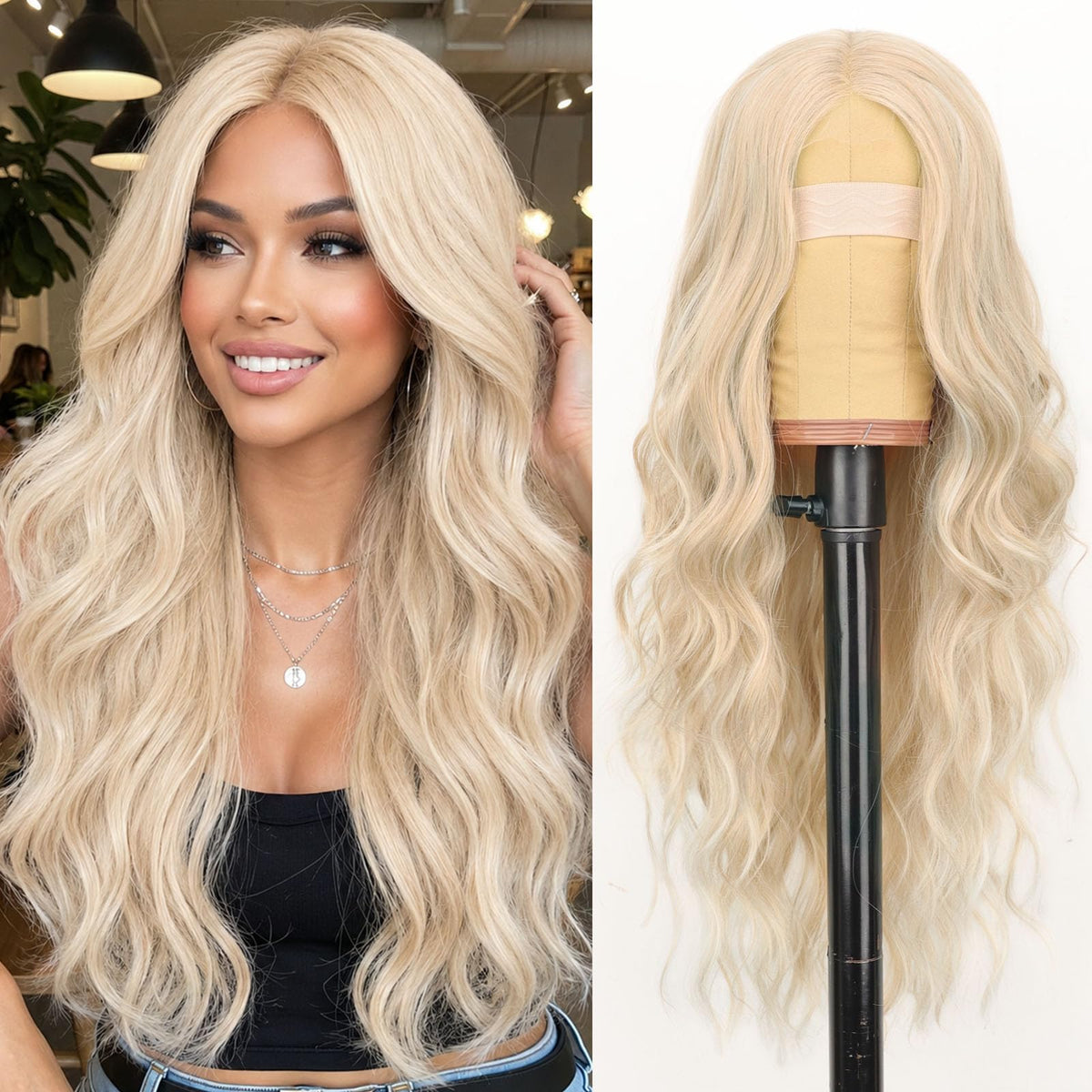 AISI HAIR Black Wig for Women, Long Wavy Lace Hairline Synthetic Wig 26Inch