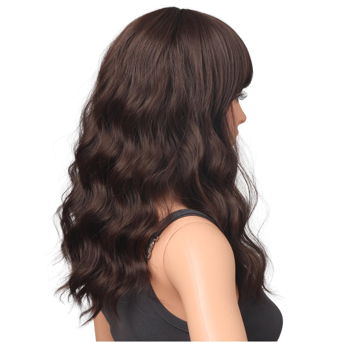 18 Inch Wavy Wig with Bangs – Black With Brown Highlights Heat Resistant Synthetic Hair, Soft Silky & Natural Looking for Women