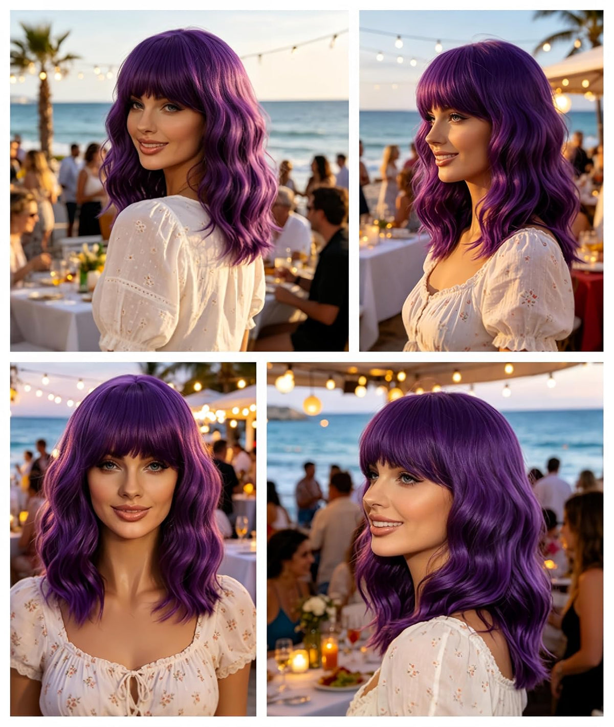 Dark Purple Wigs with Bangs for Women 14 Inch Short Wavy Bob Wigs Synthetic Bob Wig Curly Wig Heat Resistant Colorful Wavy Wig Cosplay Wigs For Daily Party Halloween
