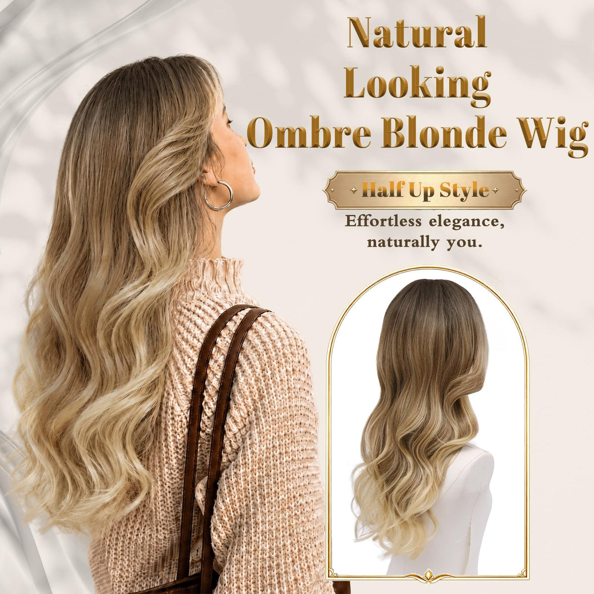 Rooted Honey Wig with Bangs for Women 24 Inch Long Wavy Synthetic Hair