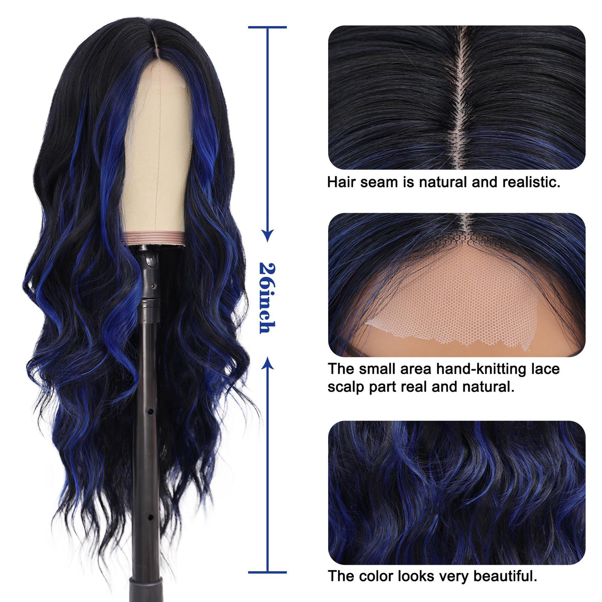NAYOO Ice Blue Wig for Women, 26 Inch Middle Part Wavy Synthetic Wig