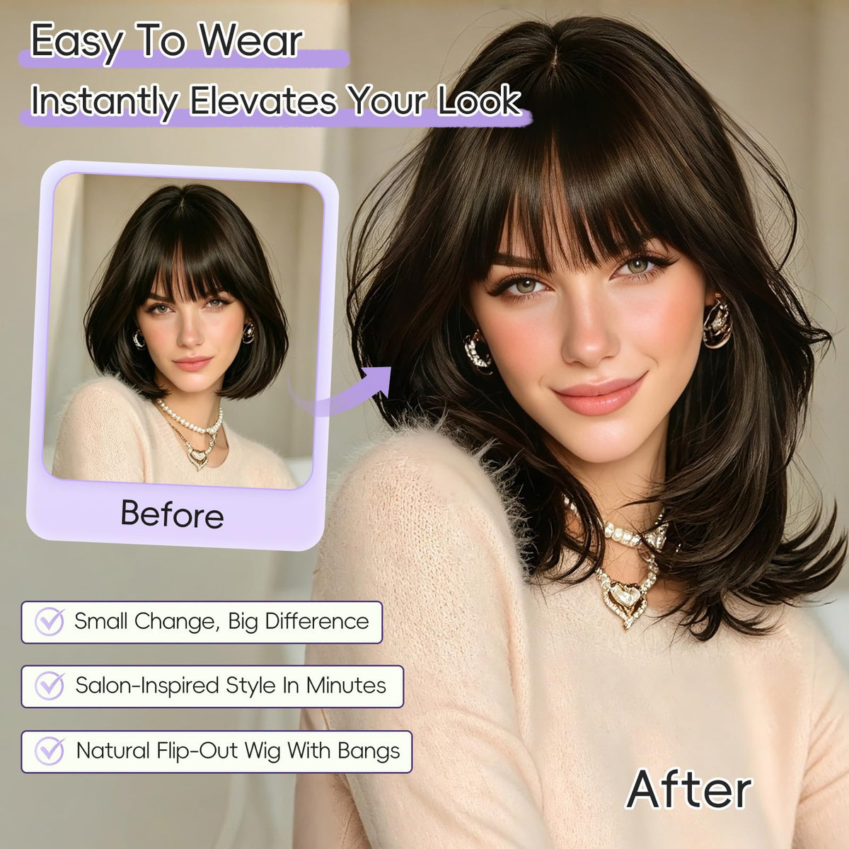 Brown Highlight T Part Lace Front Wig 14 Inch Wavy Bob Glueless Wig