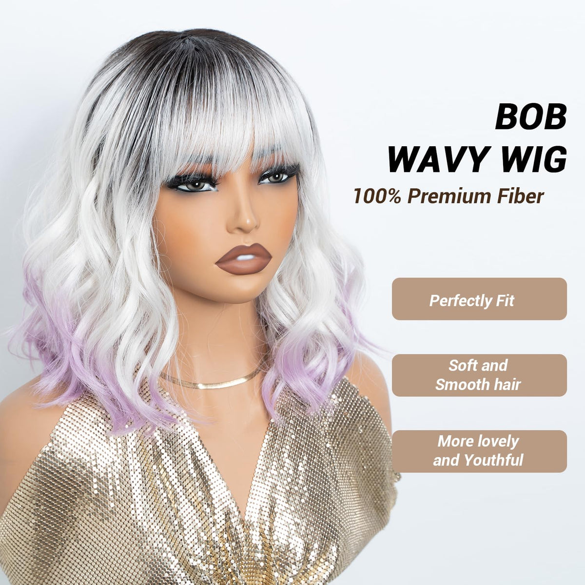 NOBLE Blue Wig with Bangs 12 Inches Short Bob Curly Wig Blue Wigs for Women Colorful Wavy Bob Wigs with Air Bangs Heat Resistant Synthetic Silver Blue Halloween Wigs for Cosplay Party