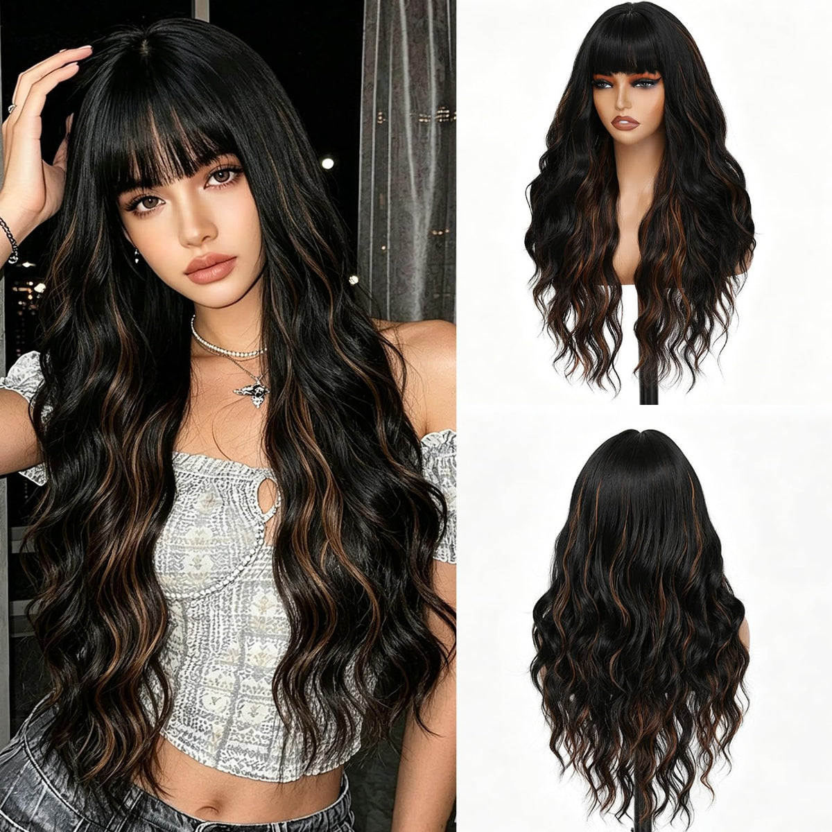 Burgundy Wig with Bangs for Women, Long Wavy Red Wig 26 Inch Wigs Heat Resistant Sythetic Wig for Daily Party Use