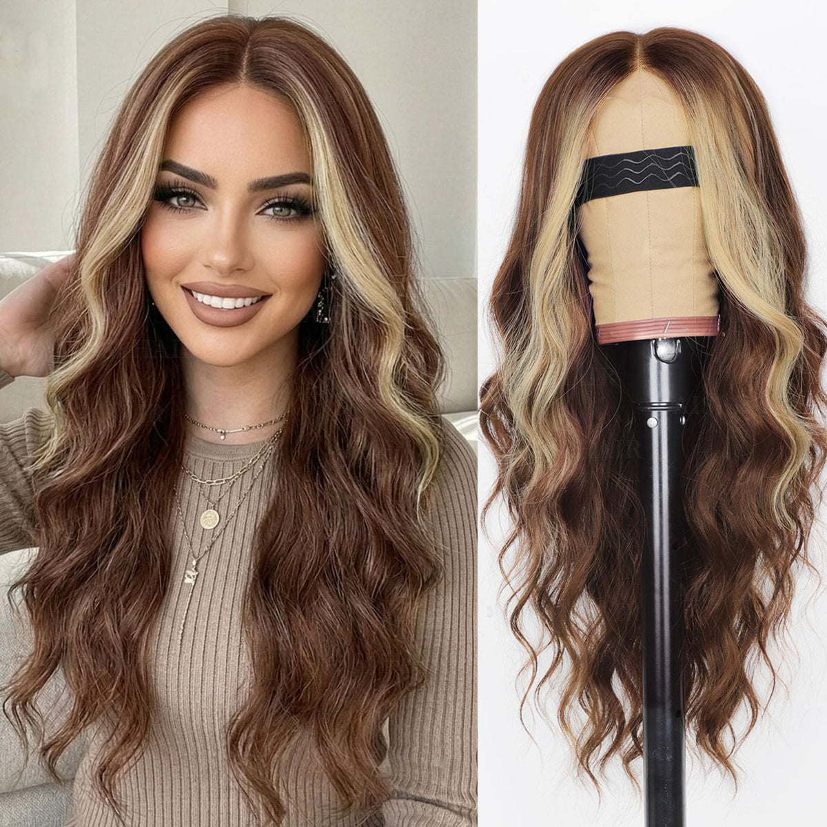 AISI HAIR Black Wig for Women, Long Wavy Lace Hairline Synthetic Wig 26Inch