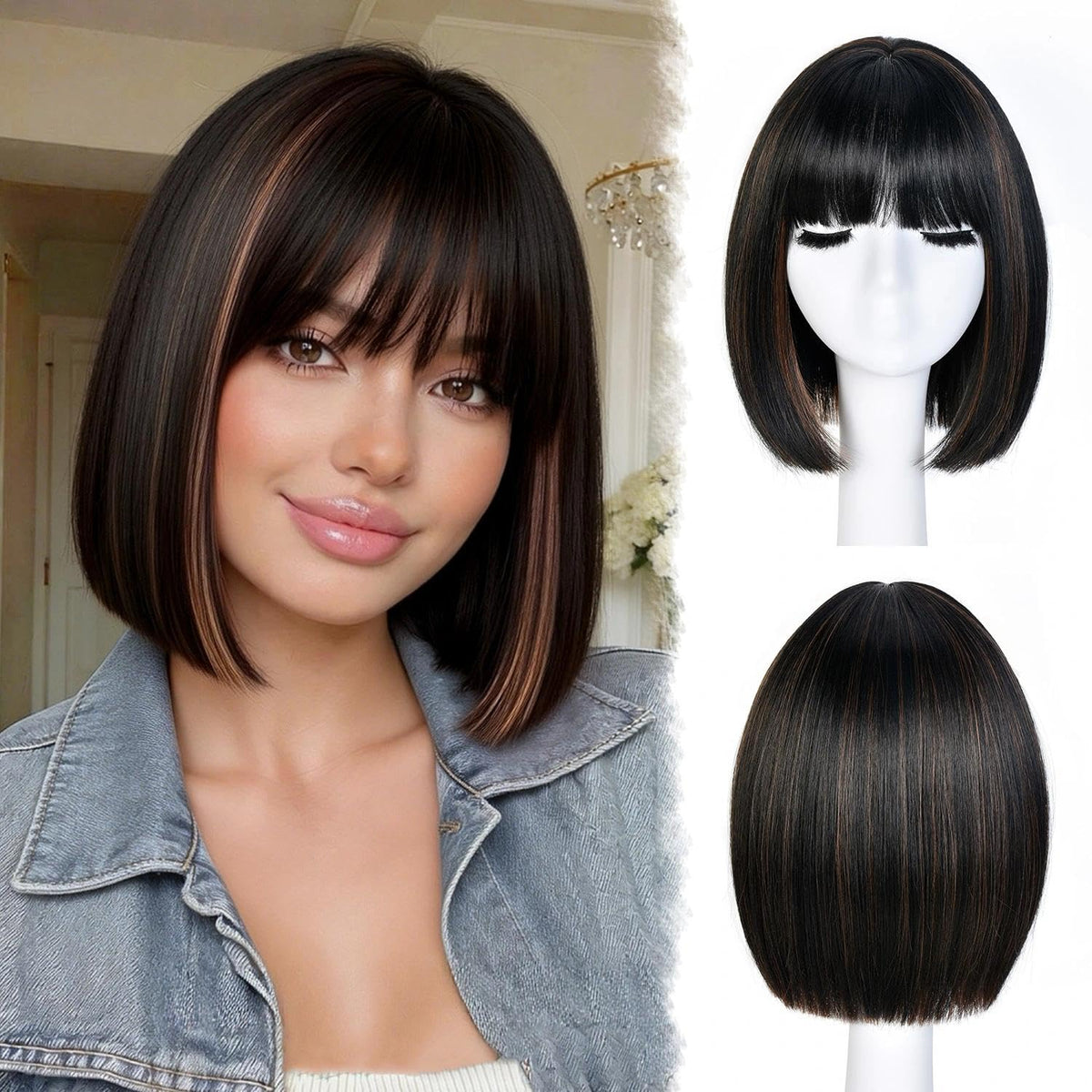 Bob Wig with Bangs for Women Short Straight Bob Wigs for Women 12inch