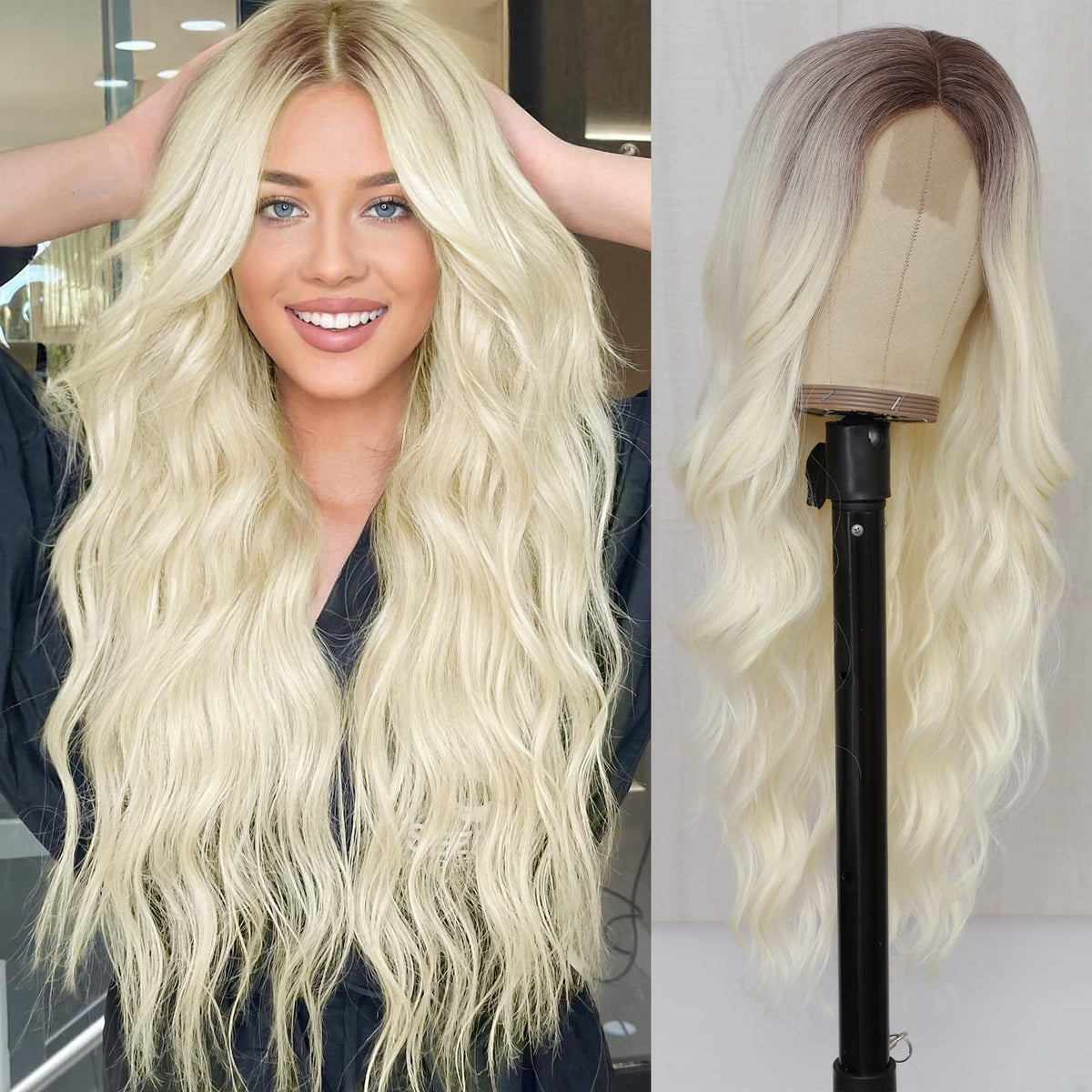 NAYOO 26 Inch Long Wavy Black Wig for Women, Middle Part Natural Looking Synthetic Wig, Heat Resistant Fiber Soft & Lightweight, Realistic Scalp Long Curly Wig for Daily Wear Party Cosplay