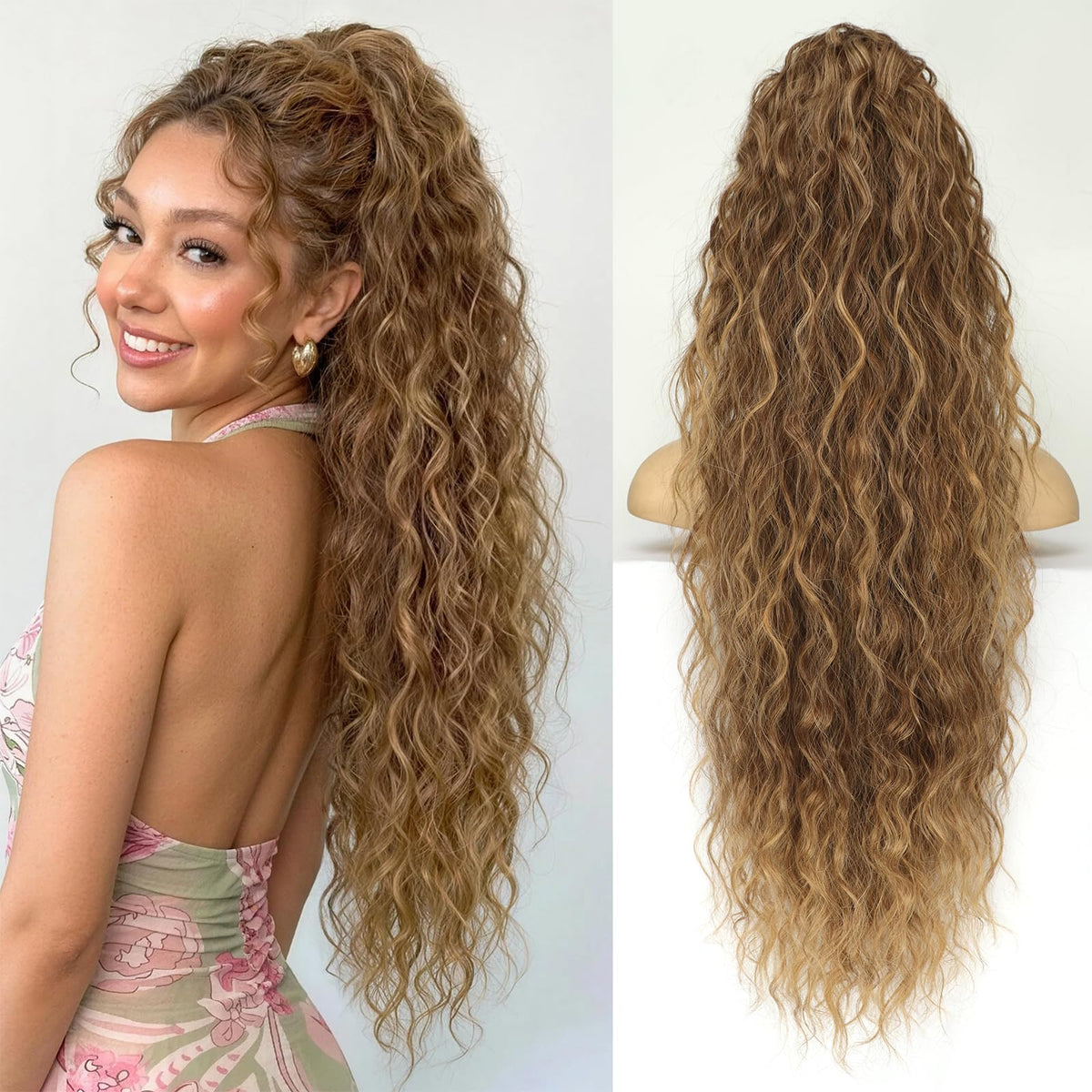 KooKaStyle Long Medium Brown Curly Synthetic Drawstring Ponytail Extension