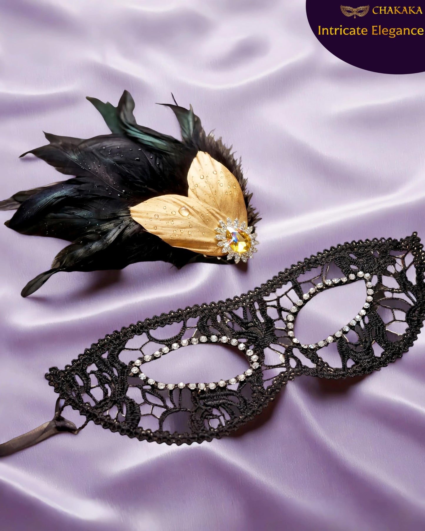 Black Lace Masquerade Mask for Women,1920s Venetian Feather Eye Mask with Gold Rhinestones for Mardi Gras Halloween