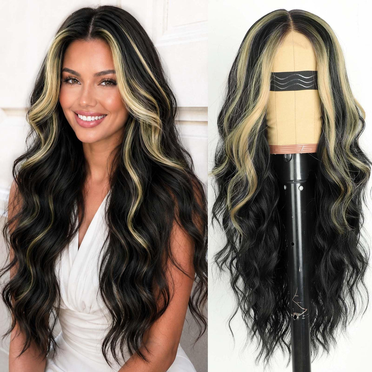 AISI HAIR Black Wig for Women, Long Wavy Lace Hairline Synthetic Wig 26Inch