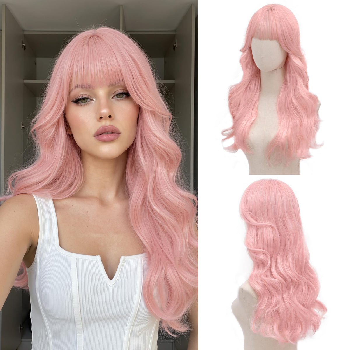 Rooted Honey Wig with Bangs for Women 24 Inch Long Wavy Synthetic Hair