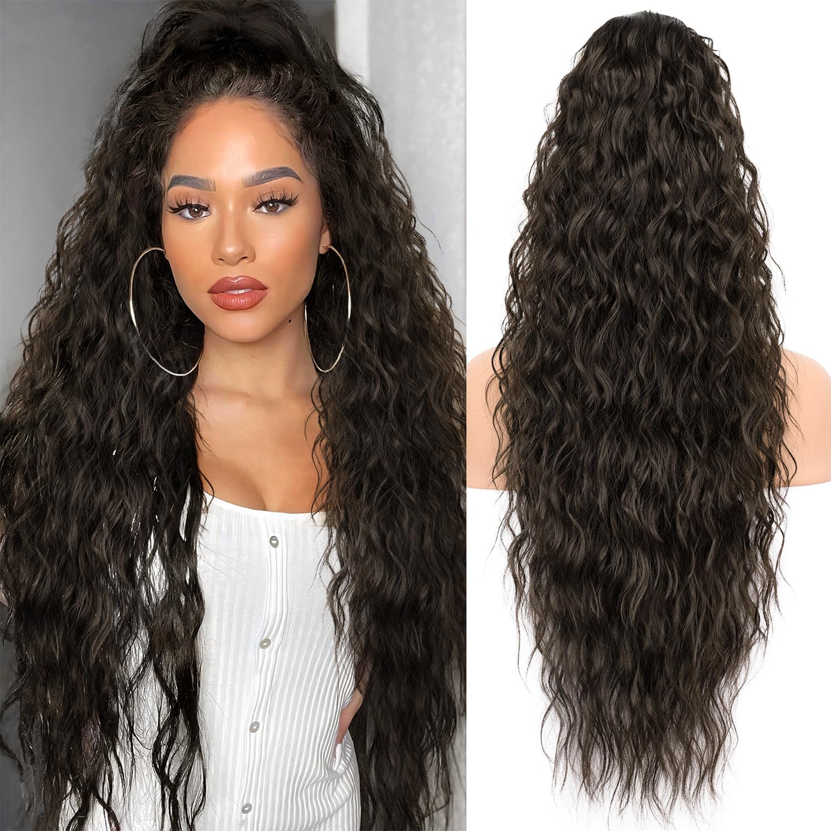 KooKaStyle Long Medium Brown Curly Synthetic Drawstring Ponytail Extension