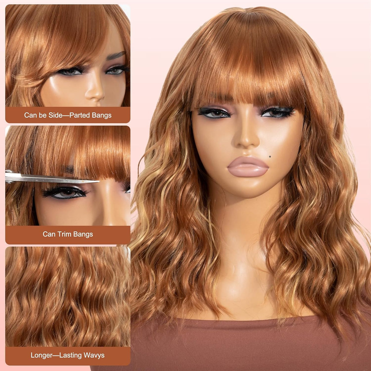 Short Black-grey Wavy Wig with Bangs for Women Halloween Curly Bob Wigs
