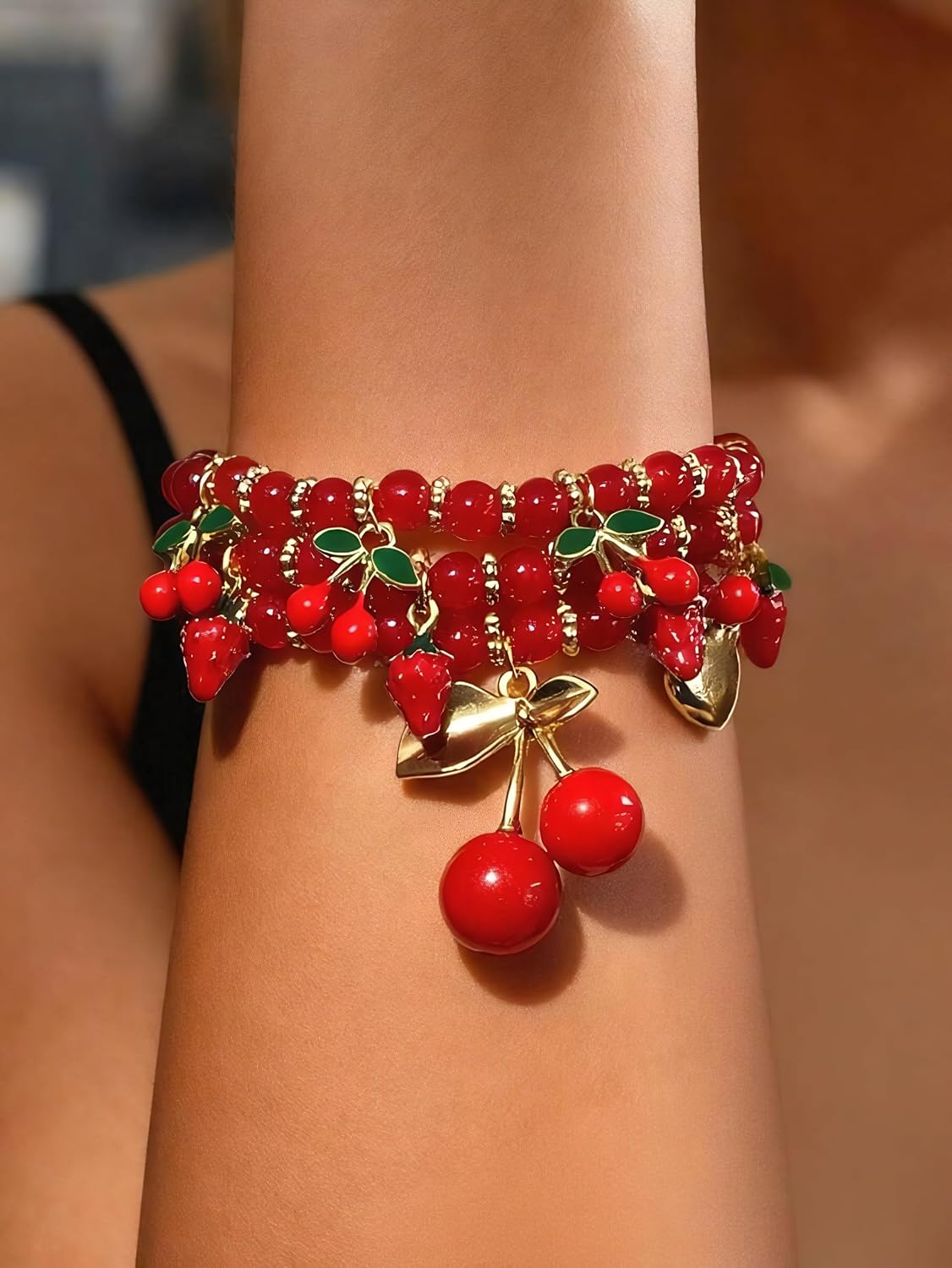 Long tiantian Cherry Bracelet for Women Cherry Dress Outfits Accessories Charm Bracelets Stack Cherry Gifts Cute Stuff Red Spring Accessories