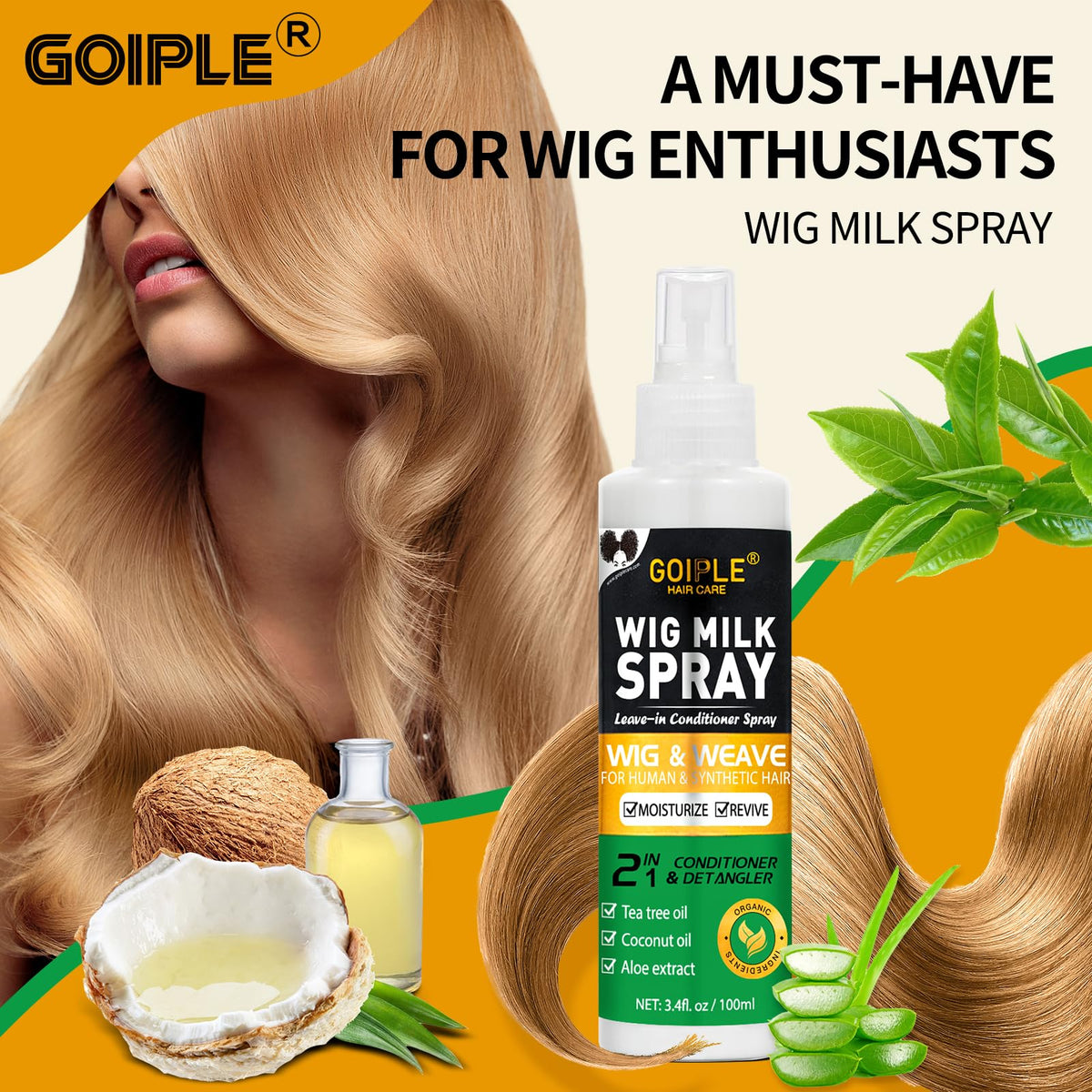 Goiple 2PCS Synthetic Wig Milk Spray, Heat Thermal Leave-In Conditioner Wig Detangler Spray for Human Wigs, Conditioner ＆ Detangler 3 in 1 Moisturizer, Synthetic Hair Wigs Easy Combing
