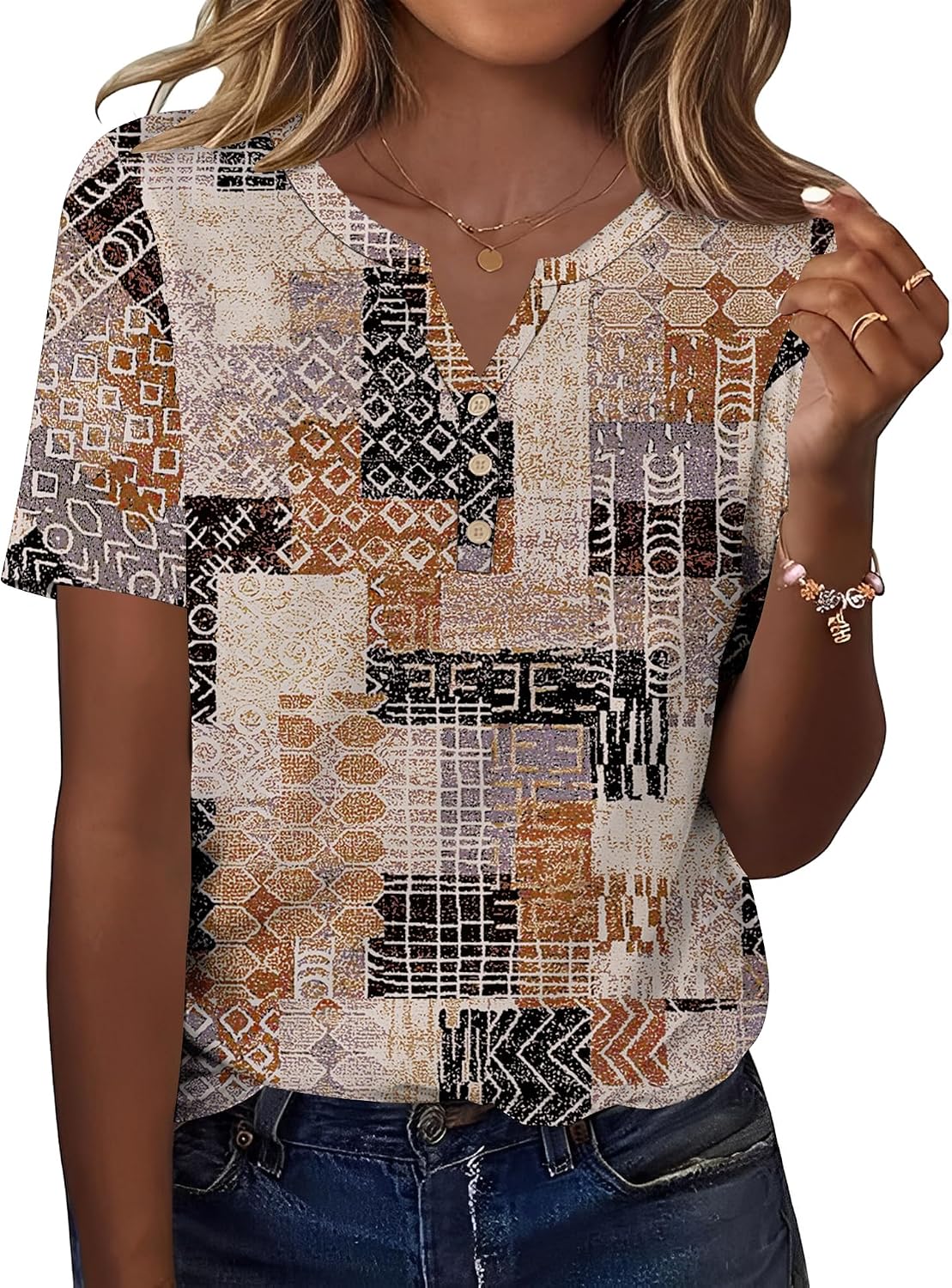 TCOT Women's Tops Dressy Casual Summer Blouses Short Sleeve Button V Neck Spring Tee Shirts