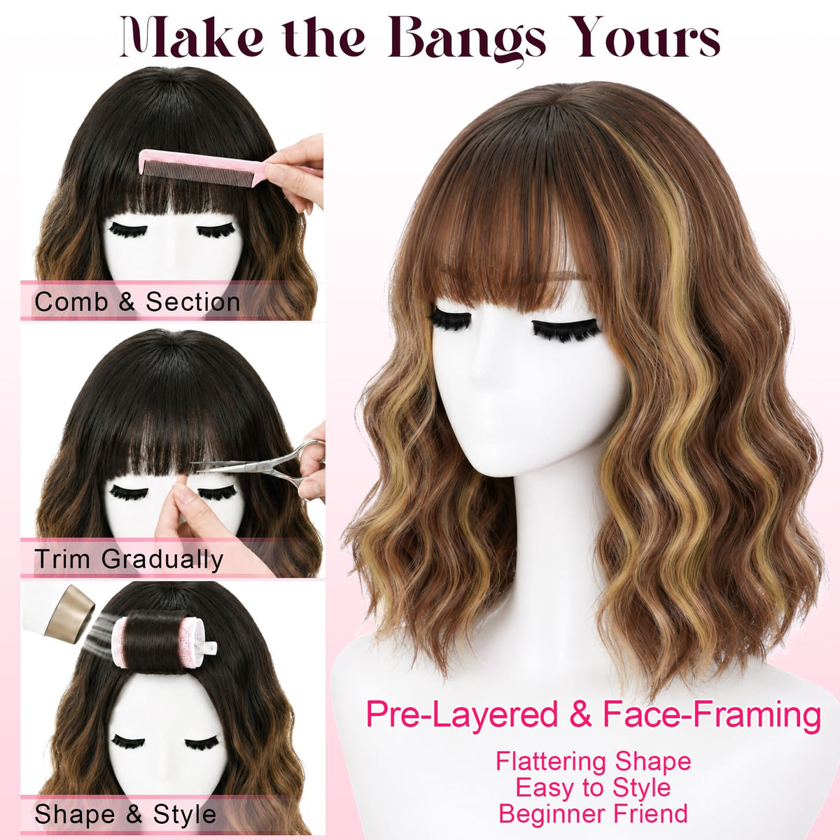 NOSTALGIA Wigs for Women, Short Wavy Bob Wig with Bangs, Trimmable Bangs, Shoulder Length, Black To Brown Heat Resistant Synthetic Wig for Daily Party Use, 14 Inch
