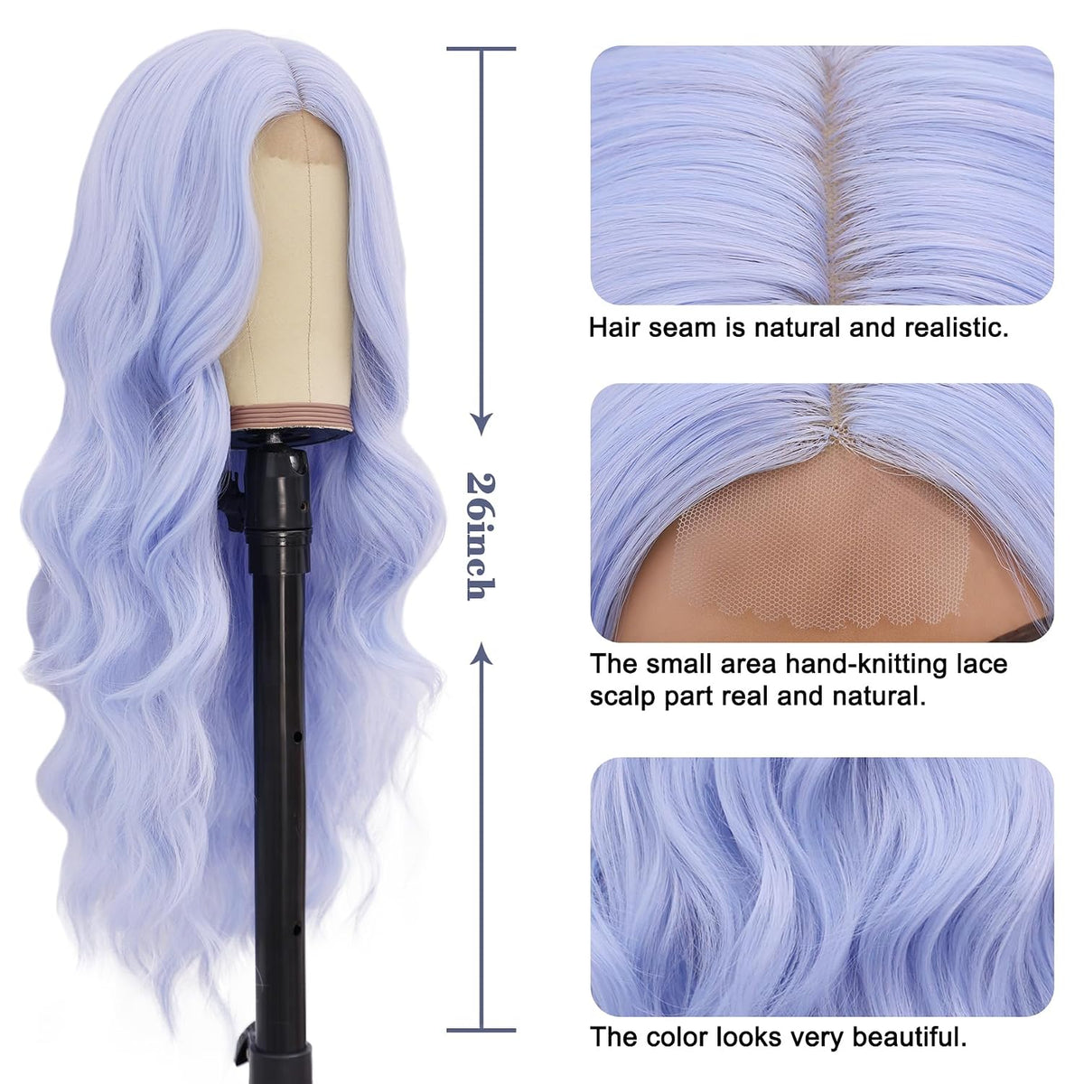 NAYOO Ice Blue Wig for Women, 26 Inch Middle Part Wavy Synthetic Wig