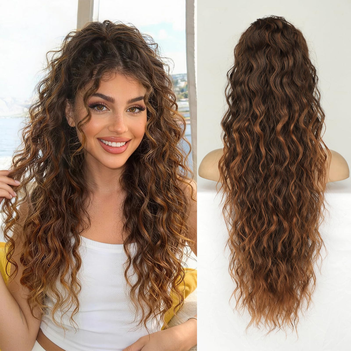 KooKaStyle Long Medium Brown Curly Synthetic Drawstring Ponytail Extension