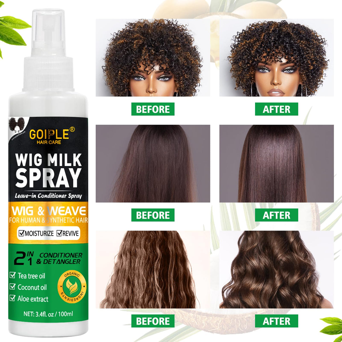 Goiple 2PCS Synthetic Wig Milk Spray, Heat Thermal Leave-In Conditioner Wig Detangler Spray for Human Wigs, Conditioner ＆ Detangler 3 in 1 Moisturizer, Synthetic Hair Wigs Easy Combing